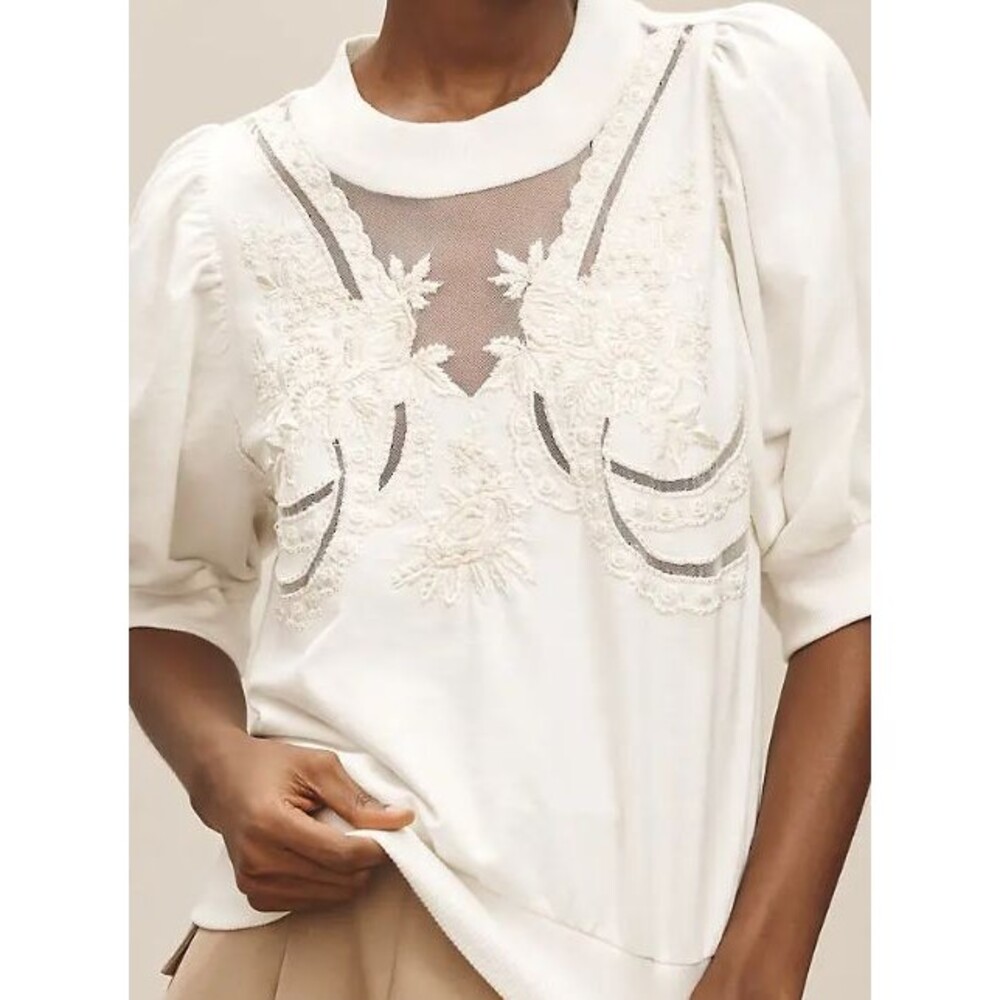 By Anthropologie Wmn Embroidered Beaded Puff Sleeve Sweatshirt Top Ivory Sz Med